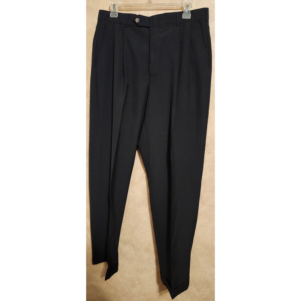 Mens Black Pleated Cuffed Dress Pants 34x30 Solid Formal Trousers